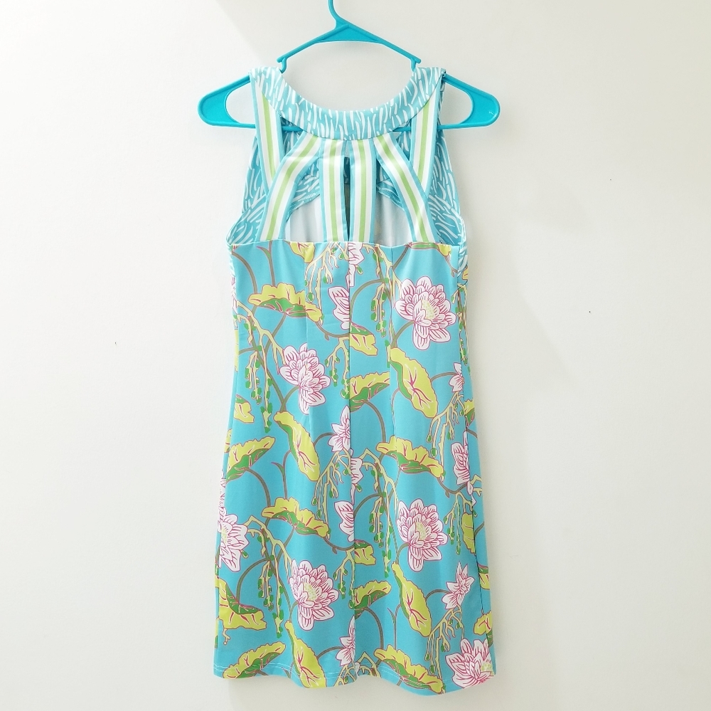 Gretchen Scott Isosceles Dress Turq/Pink Mystic Garden Print Sz XS